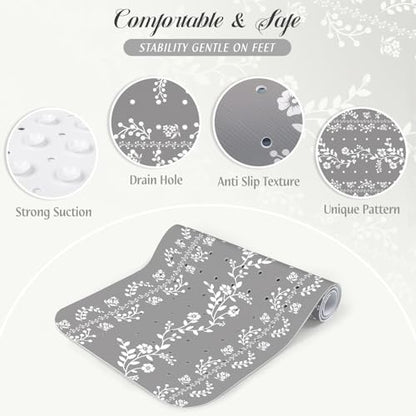 SHUCHING Gray Bath Mat for Tub Non Slip-40x16 Inch, Flower | Bathtub Mat for Women & Elderly Mold Free, Long Shower Mat for Inside Shower with Suction Cup, Machine Washable - color: Gray