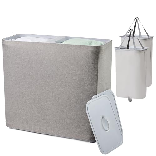 150L Laundry Hamper with Lid,Large Portable 2 Dividers Dirty Clothes Basket | with Handles for Bedroom Laundry Room Closet Bathroom College Dorm, Grey
