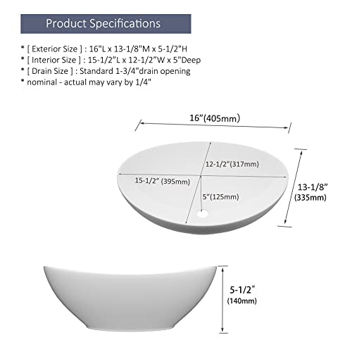 MEJE 16x13-Inch Oval White Ceramic Vessel Sink,Modern Egg Shape Bowl, Above Counter Bathroom Vanity Sink - color: Oval -White