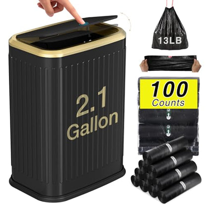 Bathroom Trash Can with Lid 8L/2.1 Gallon Black Trash Can Small Garbage Can with Press Top Lid Slim Stainless Steel Garbage Can with 100 Counts Trash Bags for Bathroom Bedroom Kitchen Office Toilet - color: Black Stripe, size: Press-Top Trash Can