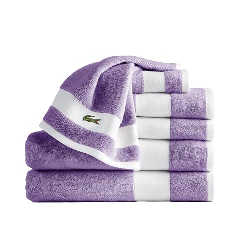 Lacoste Sport Stripe 6-Piece Luxury Cotton Towel Set – Made with 100% Soft Supima Cotton, Absorbent & Quick-Drying, Includes 2 Bath Towels, 2 Hand Towels, 2 Washcloths, Heather - color: Heather