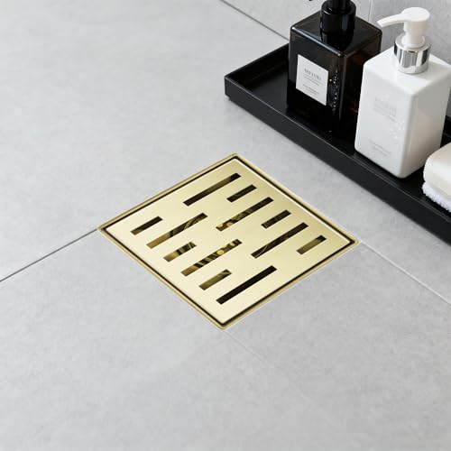 Square Shower Drain 4 inch, Brushed Gold 304 Stainless Steel Floor Drain for Bathroom, Removable Tile Insert Grate Includes Hair Strainer - color: Brushed Gold