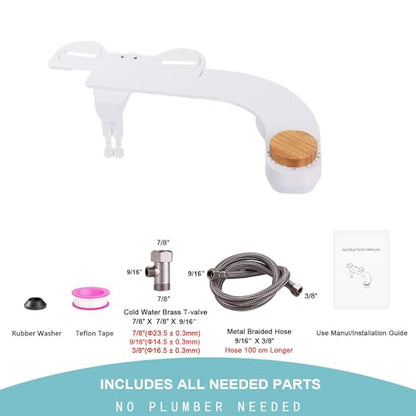 Bidet Toilet Seat Attachment - Self Cleaning Water Sprayer +Adjustable Pressure Nozzle, Easy Install (Cold Water Classic, White/Bamboo)
