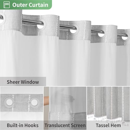 eachope No Hook Extra Long Shower Curtain Set with Snap-in Liner,Linen Textured Thick Striped Fabric with Tassels,Boho Chic Modern Farmhouse Bathroom Curtain,Water-Repellent,Grey/Gray,71x86 | 230GSM Thick Fabric,Hotel Luxury Decor,Mesh Top Window,Magnetic