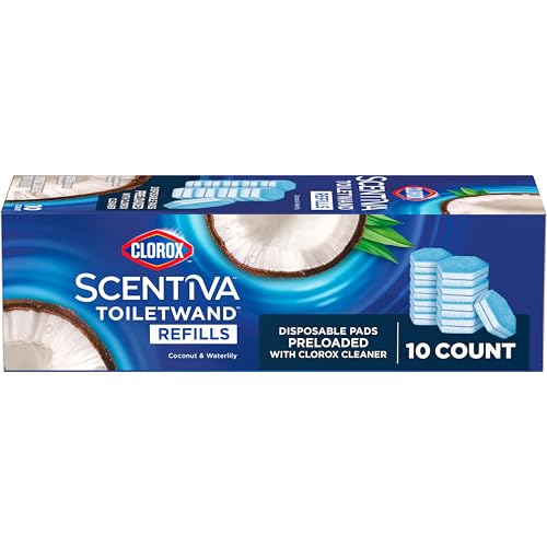 Clorox Scentiva ToiletWand Refills, Coconut and Waterlily, 10 Count | Disposable Toilet Brush Scrubbing Pads, Eliminates Hard Water and Lime Stains 2X Better than a Manual Brush