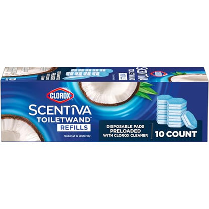 Clorox Scentiva ToiletWand Refills, Coconut and Waterlily, 10 Count | Disposable Toilet Brush Scrubbing Pads, Eliminates Hard Water and Lime Stains 2X Better than a Manual Brush