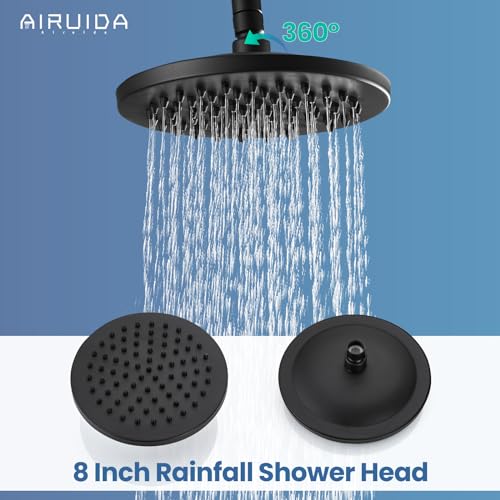 Airuida Matte Black Exposed Shower System with Handheld Spray | Single Handle,Wall Mount,8 Inch Rainfall Shower Head,Dual Function,Exposed Pipe Fixture for Bathroom - color: Matte Black