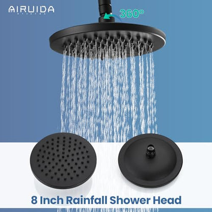 Airuida Matte Black Exposed Shower System with Handheld Spray | Single Handle,Wall Mount,8 Inch Rainfall Shower Head,Dual Function,Exposed Pipe Fixture for Bathroom - color: Matte Black