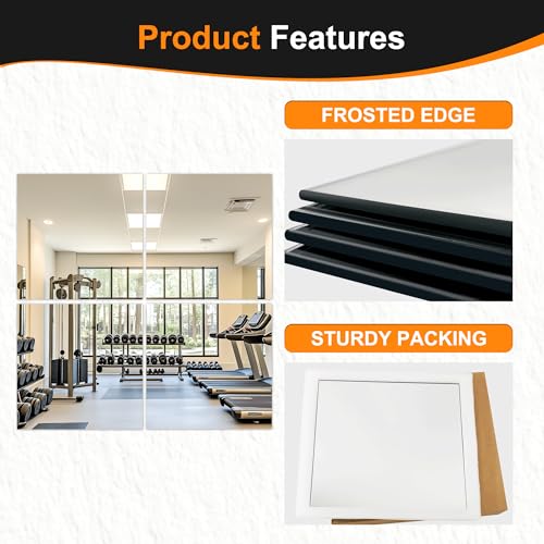Frameless Mirror Tiles 22"x22"x4 Pcs Wall Mounted | Shatter Resistant, Full Length Tempered Glass Panels, For Home Gym Bathroom Bedroom & Living Room Decor - size: 22''x22''-4PCS