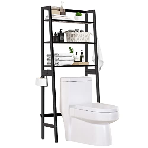 MallKing Over-The-Toilet Storage Rack, Wooden 3-Tier Over-The-Toilet Storage Rack Bathroom Space Saver Organizer, Freestanding Above Toilet with Toilet Paper Holder and Hooks (Black)