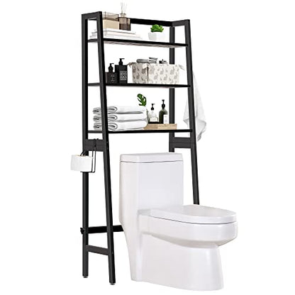 MallKing Over-The-Toilet Storage Rack, Wooden 3-Tier Over-The-Toilet Storage Rack Bathroom Space Saver Organizer, Freestanding Above Toilet with Toilet Paper Holder and Hooks (Black)