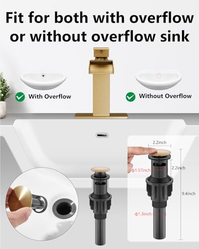 Gold Waterfall Bathroom Faucet 1-Handle Vanity Faucet | Stainless Steel Modern Bathroom Sink Faucet,Pop-Up Drain, Supply Lines 6-in Deck Plate, 1- or 3-Hole, NSF Certified - color: Gold