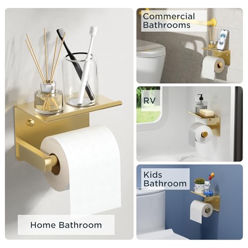 FORIOUS Toilet Paper Holder with Shelf, Adhesive or Screw, Brushed Gold | Wall Mount Toilet Paper Roll Holder for Bathroom, Stainless Steel Commercial Toilet Tissue Roll Dispenser with Phone Shelf - color: Brushed Gold