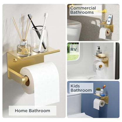 FORIOUS Toilet Paper Holder with Shelf, Adhesive or Screw, Brushed Gold | Wall Mount Toilet Paper Roll Holder for Bathroom, Stainless Steel Commercial Toilet Tissue Roll Dispenser with Phone Shelf - color: Brushed Gold