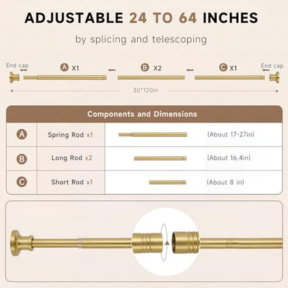 Gold Tension Curtain Rod 24 to 64 Inch(2-5.3ft) - Spring Tension Shower Curtain Rod, No Drilling Brass Gold Tension Rod for Curtains Windows Closet Kitchen - color: Gold, size: 24-64 Inches