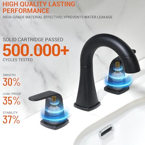 Pull Down Bathroom Faucet Black- Matte Black Sink Faucet with Sprayer, Bathroom Pull Out Faucets, 2-Handles Widespread Vanity Faucets 3 Hole 8 Inch 360 Swivel Spout with Pop-up Drain & Lines - color: Black