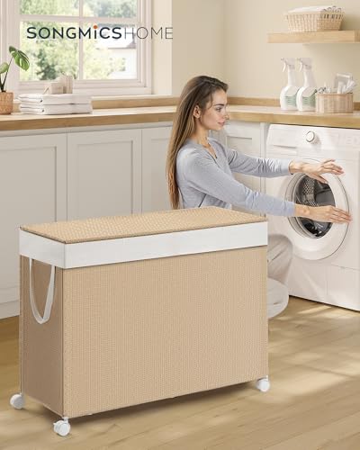 SONGMICS HOME Laundry Hamper with 4 Section, 180 L, Rattan, with Wheels | Rolling Clothes Basket with Lid, Removable Liner with Handles, Tan and White, PEZZO Collection ULCB603N01 - color: Natural Beige + Matte White, size: 180 L