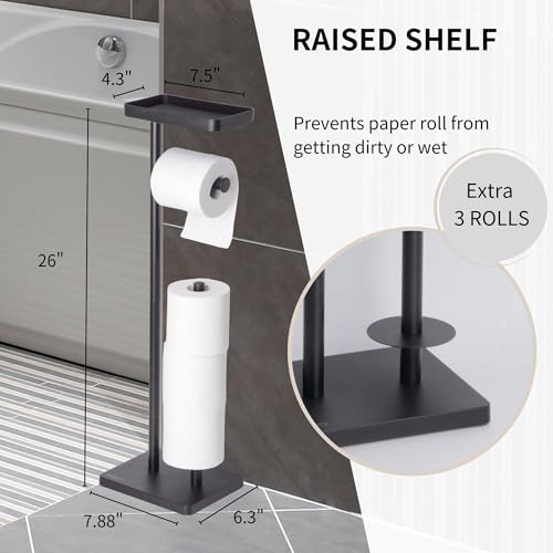 Clasin Home Black Toilet Paper Holder Stand with Metal Top Shelf, Free Standing Bathroom Tissue Roll Holder with Weighted Base and Storage for 4 Rolls - color: Black
