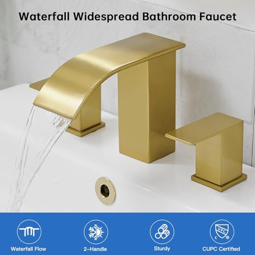 RUMOSE Bathroom Faucets Gold Bathroom Sink Faucet 3 Hole with Drain | 8 inch Widespread 2 Handles Lavatory Vanity Faucet Set, Waterfall Spout, Deck Mounted, Pop Up Drain, Stainless Steel - color: Brushed Gold