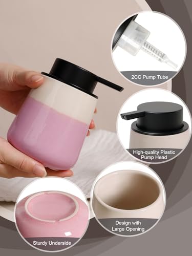INGOFIN Ceramic Foaming Soap Dispenser - 12oz Foam Hand Soap Dispenser Bathroom, Refillable Modern Dish Dispenser with Pump for Kitchen, Beige and Pink - color: Beige and Pink