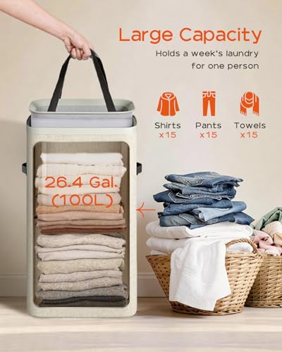 CASAMAYA Laundry Basket with Lid, Laundry Hamper 100L, collapsible Laundry Organizer, Easy Assembly, with Handles and Removable Liners, 16.5 x 12.6 x 29.5 Inches, Beige JSP902M - color: Beige, size: 100L(1-Section)
