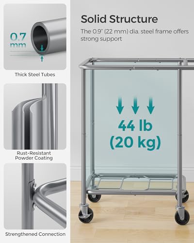 SONGMICS Laundry Basket with Wheels, 2-Section Rolling Laundry Hamper, 37 Gallons (140 L), Removable Liner, Steel Frame with Handle, 27.2 x 15.4 x 31.9 Inches, Dove Gray URLS004G01 - color: Dove Gray, size: 140 L (2-Section)