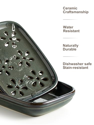 Miamolo Soap Dish for Shower, Bar Soap Holder 2 Layer Draining, Mess-Free | Ceramic Soap Saver Hold 2 Bar Soaps Shampoo Conditioner Sponge | Removable Drip Tray for Bathroom Sink Tub Kitchen, Gray Blue - color: Gray Blue