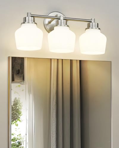 Emak Brushed Nickel Vanity Lights, Modern Milk Glass Bathroom Light Fixtures, 3-Light Bathroom Vanity Light Over Mirror, VL122-BN-ML-3 - color: Brushed Nickel & White Glass, size: 3 Light