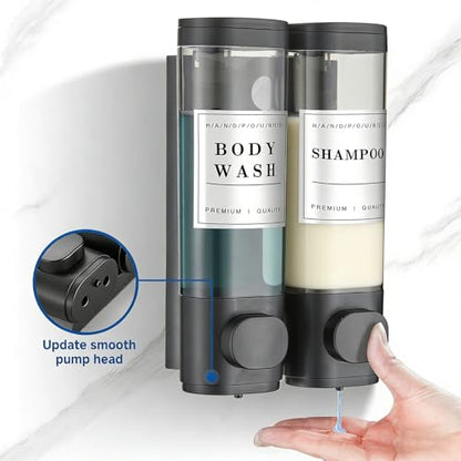 Shampoo and Conditioner Dispenser Bathroom Shower Soap Dispenser Wall Mounted Shampoo Dispenser for Shower Wall No Drill 2 * 300ml Black 2 Chamber with Waterproof Labels - color: Black 2