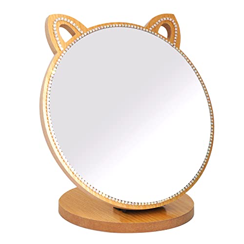 Vanity Makeup Mirror with Crystal Rhinestone Girls Desk/Tabletop Mirror Cute cat Shape for Counter top in Bedroom/Bathroom (6.7")