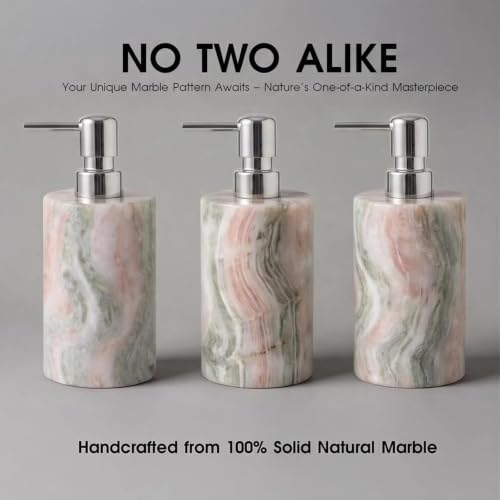 Natural Marble Soap Dispenser, Round Stone Hand Soap Pump for Bathroom & Kitchen Countertop, Rust-Proof Stainless Steel Pump, Heavy Duty Refillable Lotion Dispenser (1, Jade Blossom) - color: Jade Blossom