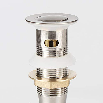 Bathroom Sink Pop Up Drain with Overflow, Strainer, Brushed Nickel | Solid Brass with Detachable Basket Strainer; 7 in. Closed/7.5 in. Open; 1-1/2 in. Min Drain Opening; Push-button Stopper - color: Brushed Nickel, size: Small Popup Cap