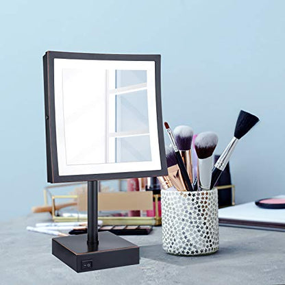 DOWRY Tabletop LED Lighted 5X Magnifying Square Makeup Mirror with Plug,8 Inch, Polished Oil Rubbed Bronze Finished - color: Oil Rubbed Bronze