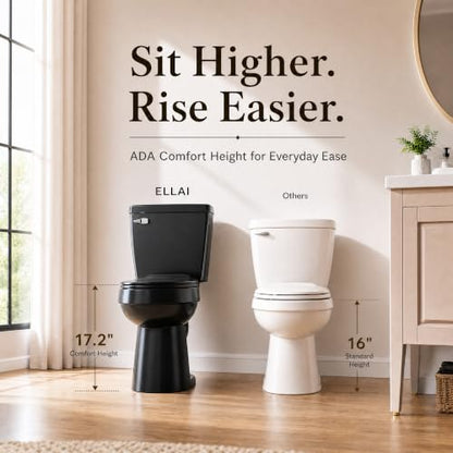 ELLAI Two Piece Elongated Toilets ADA Chair Comfort Height 17.24" Powerful Single Flush 1.28 GPF 12” Rough In with Side Trip Lever, Glossy Black 28.3"x17.2“x31"