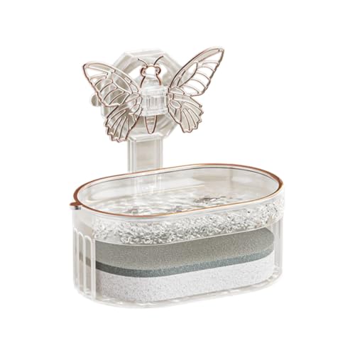 No Drill Wall Mount Soap Dish with Butterfly Decor Suction Cup Double Layer Drainage Soap Holder with Sponge Wipe Transparent Plastic Soap Caddy for Bathroom Shower Sink Vanity (White) - color: White