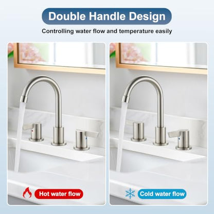 Bathroom Sink Faucet 3 Hole, 8 Inch Widespread, Brushed Nickel | Lead-Free SUS304 Stainless Steel 8-Inch Widespread Bathroom Faucet with Pop-Up Drain & Supply Lines - color: Brushed Nickel