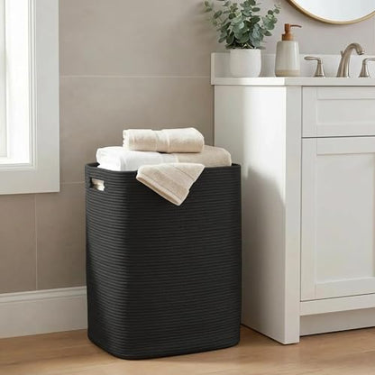 Large Laundry Hamper 16"x13"x22" - Tall Woven Laundry Basket, Cotton Rope Dirty Clothes Hamper, Baby Kids Nursery Wicker Laundry Basket, Bedroom Aesthetic, Soft Laundry Bin, Black Hamper, 75L - color: Black