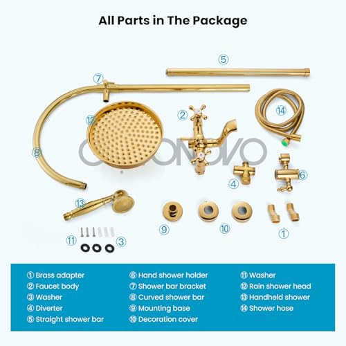 gotonovo Exposed Shower Faucet Set with Tub Spout Polished Gold | Brass Bathroom Shower System,8 Inch Rainfall Head with Handheld Spray and Tub Filler,Adjustable Height,6’’ Hole Distance - color: Bright Gold