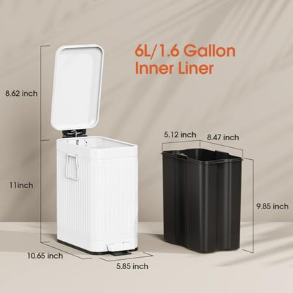 Small Bathroom Trash Can with Lid Soft Close, 6L / 1.6 Gallon Stainless Steel Small Garbage Can with Step Pedal, Slim Waste Basket for Bedroom, Toilet, Office - White - color: White, size: 1.3 Gallon