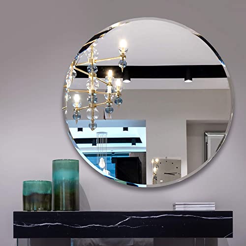 18 Inch Round Frameless Bathroom Vanity Mirror with Beveled Edge - Shatterproof Circle Wall Mounted Decorative Glass with Safety Backing for Living Room Bedroom Hallway Entryway - Fab Glass and Mirror - size: 18"L x 18"W, style: Round