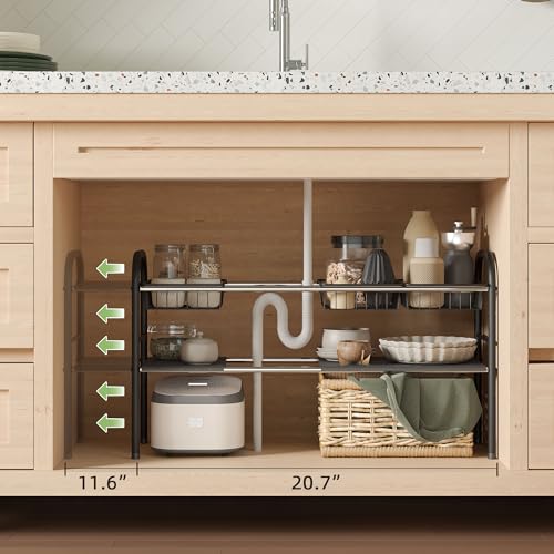 Under Sink Organizers and Storage,Expandable under cabinet organizer Shelf | 2 tier expandable shelf for kitchen,bathroom,4 Removable ABS Panels and 4 Baskets,Adjustable partition height,20.7-32.3" W - size: 4 Panels and 4 Baskets