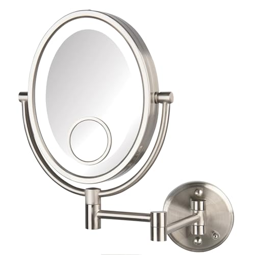 JERDON Hardwired Wall-Mount Makeup Mirror - 10X/15X - Nickel - HL9515NLD | Two-Sided 8" x 10" Oval Frame, 14" Wall Arm, LED, Direct Wire - color: Nickel Direct Wire