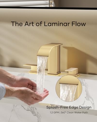 AVSIILE Waterfall Bathroom Faucet 3 Hole, Brushed Gold 8 Inch Widespread Modern 3 Piece Bathroom Sink Faucet, Touch On Lavatory Faucet for Vanity RV Restroom, Curved Spout - color: Brushed Gold, style: Curved Spout