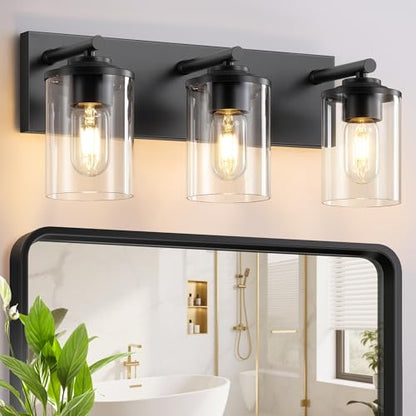 3-Light Bathroom Light Fixtures, Matte Black Bathroom Vanity Lighting Over Mirror with Clear Glass Shades, Modern Vanity Lights for Bath Wall Sconces Lamp for Powder Room, Bedroom, Hallway - size: 3-Light