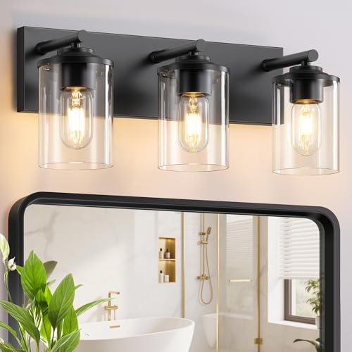 3-Light Bathroom Light Fixtures, Matte Black Bathroom Vanity Lighting Over Mirror with Clear Glass Shades, Modern Vanity Lights for Bath Wall Sconces Lamp for Powder Room, Bedroom, Hallway - size: 3-Light