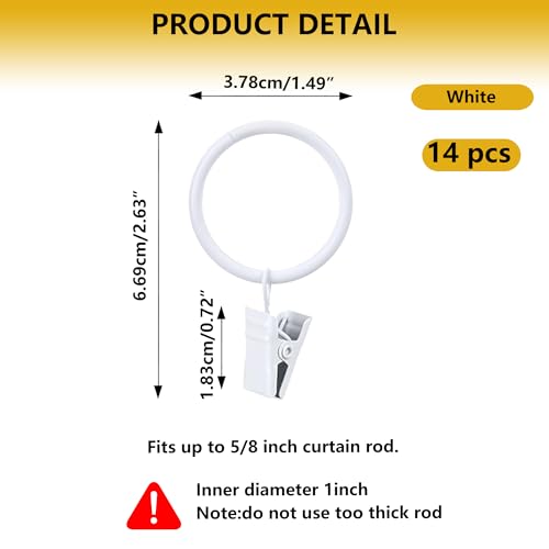 Curtain Rings with Hooks 14 Pack - Rustproof Metal Drapery Clips for Window, Shower, Door, 1.5" Inner Diameter, Smooth Gliding, Fits 5/8" to 3/4" Rods, White - color: White