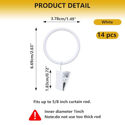 Curtain Rings with Hooks 14 Pack - Rustproof Metal Drapery Clips for Window, Shower, Door, 1.5" Inner Diameter, Smooth Gliding, Fits 5/8" to 3/4" Rods, White - color: White