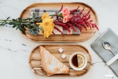 Acacia Wooden Serving Trays Set of 2 - Rectangular Oval Shaped Wood Plates for Charcuterie Cheese Bread Fruit Vegetable Dip Sushi - Rustic Serving Platter Shallow Dishes -14x7 & 11x5.5 In.