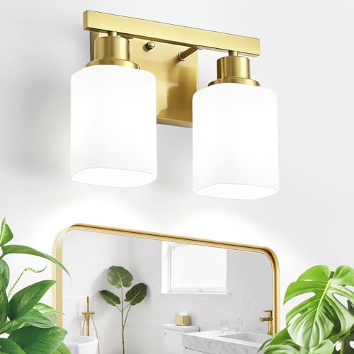 2 Light Gold Bathroom Light Fixtures,Brushed Gold Vanity Light with Clear Glass,Gold Bathroom Vanity Lights Over Mirror,Wall Sconces for Living Room,Bedroom,Hallway(E26 Base) - color: Gold, size: 2-Light