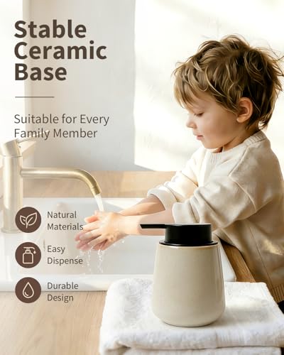Bosilunlife 12Oz Ceramic Foam Soap Dispenser for Bathroom Kitchen Counter | Premium countertop foam pump creates delicate dense foam, stable desktop placement, Greige with Speckle - color: Greige